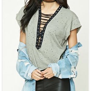 distressed lace up boxy top